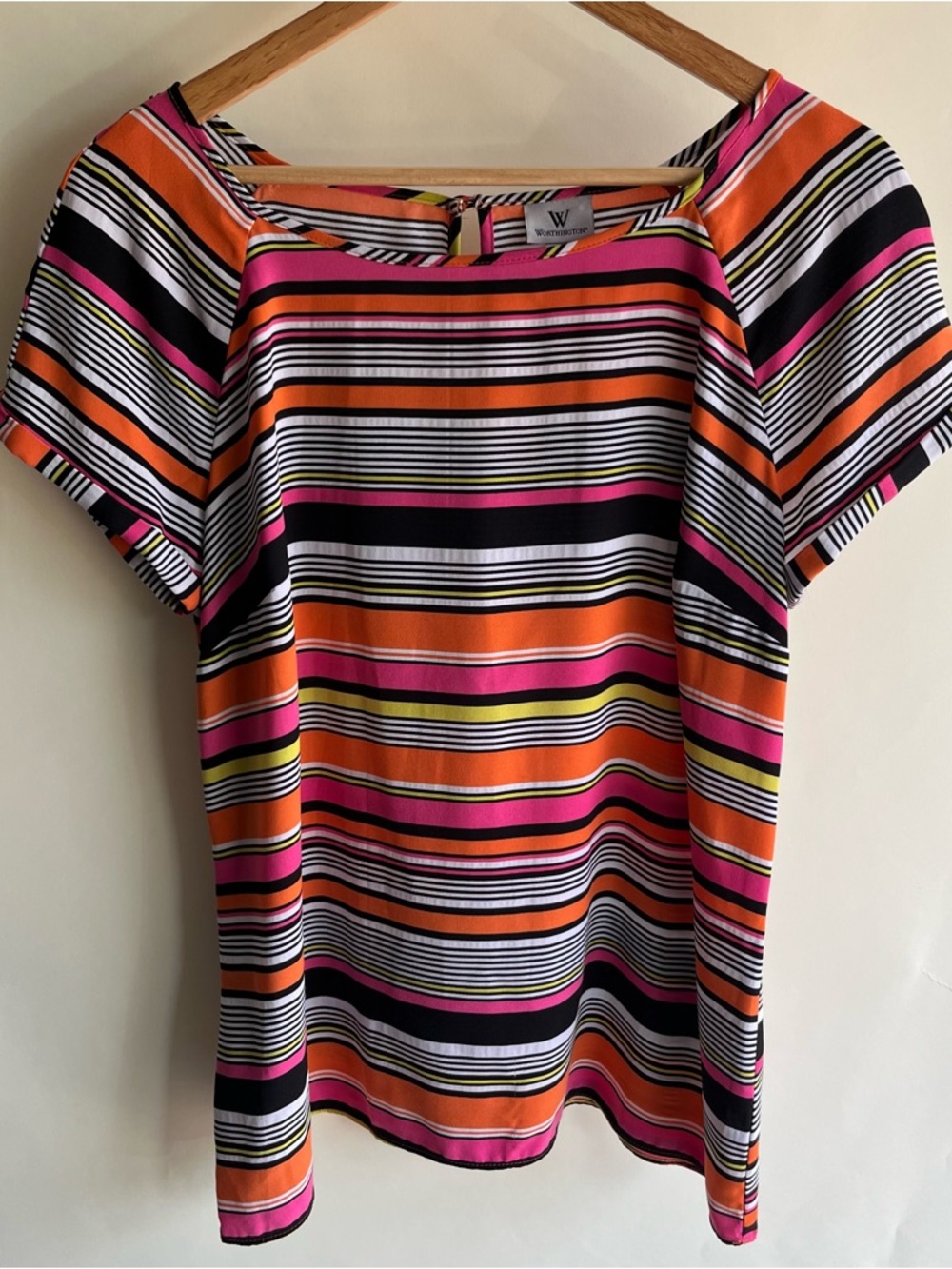 Worthington Blouse Sz Lg Women’s Striped Bold Bright Short Sleeve Shirt EUC